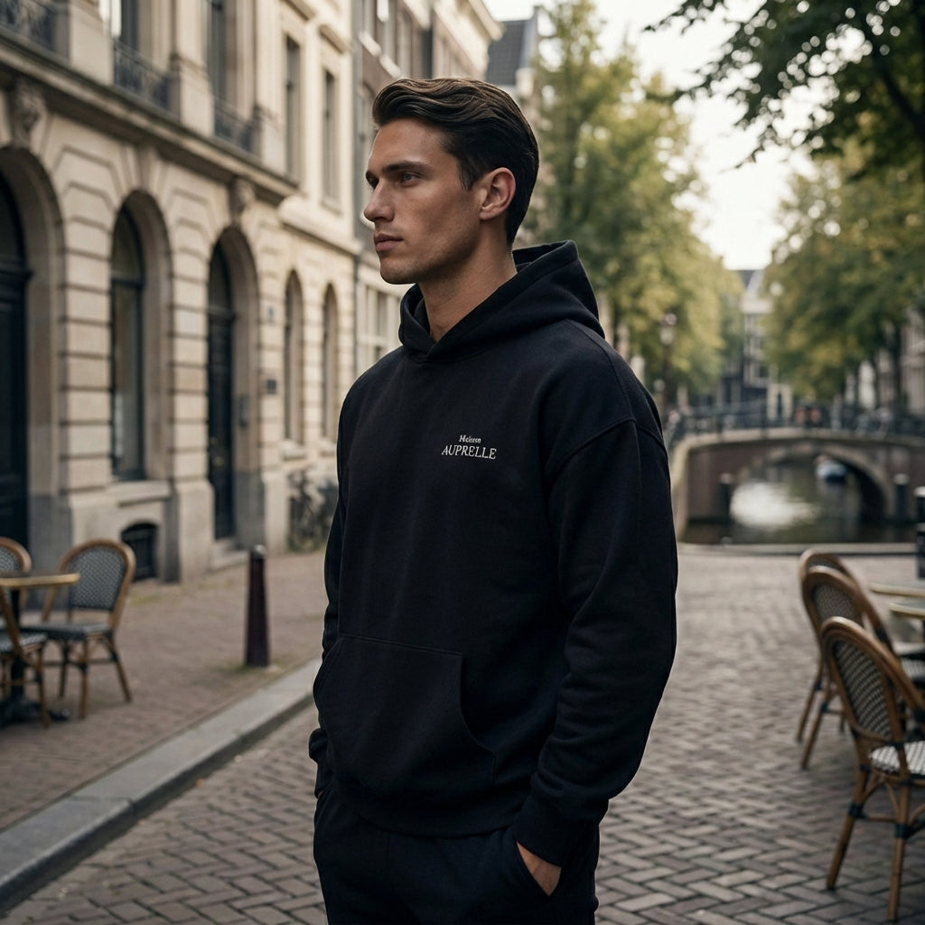Man wearing a black hoodie with text standing on a street with buildings and trees in the background